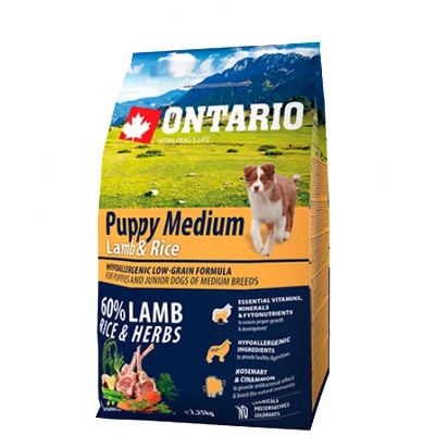 ONTARIO Puppy Medium Lamb & Rice - пълноценна храна за подрастващи кученца от средни породи (1-12 месеца) с агне и ориз 2, 25 кг, Чехия 214-10295