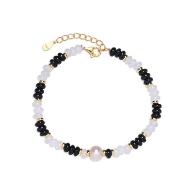 AURA Minerální náramek přírodní Bílý Jadeit, Obsidián a perlička, stříbro AG925 AU0078
