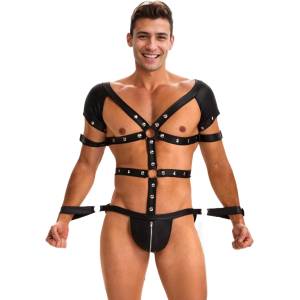 SuperLove Sexy Body Harness for Men with Zipped Crotch & Handcuffs 270 Black S