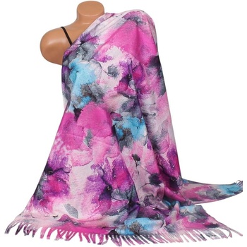 Дамски кашмирен шал с флорални мотиви в розово и синьо