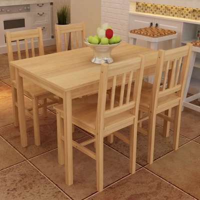 vidaXL Дървена маса за хранене с 4 стола от натурално дърво (241220)