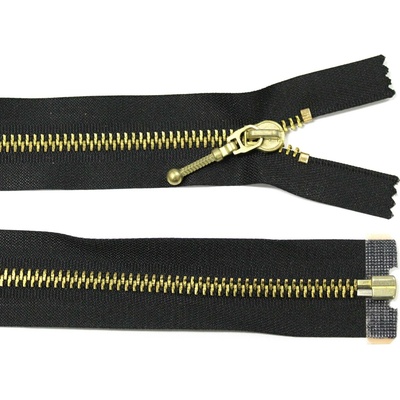 Kovový zip no.5 rozepínací 50cm černý (zlaté zoubky, přívěsek palcát)
