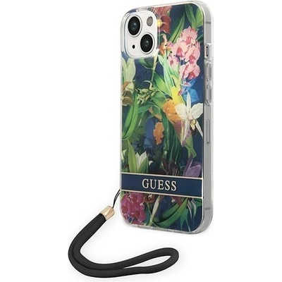 GUESS Кейс Guess GUOHCP14SHFLSB за iPhone 14 6.1", син / син, твърд, Flower Strap (3666339093952)