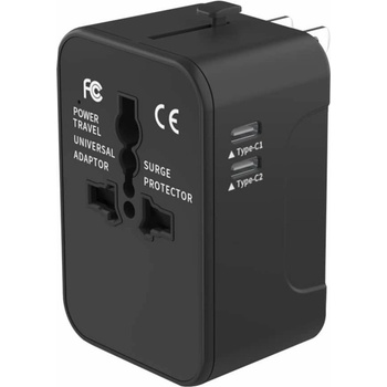 Techsuit Travel Adapter (HHT202-2C) 15W - захранване с 2xUSB-C и USB-A изходи и преходници за цял свят в едно устройство за мобилни устройства (черен)