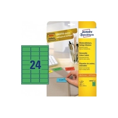 Etikety Avery odnímateľné 63,5x33,9 mm, zelené