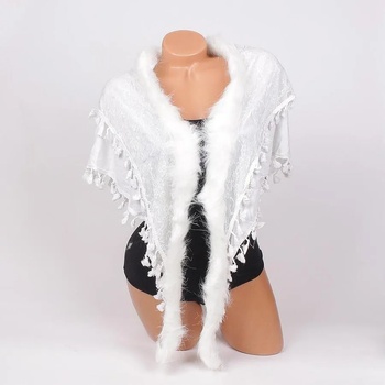 Image 1 of Бял триъгълен шал с дантела, пухче и пискюли