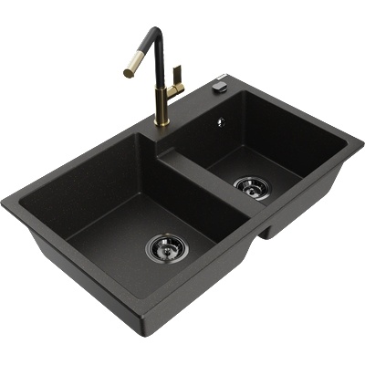 Mexen Tomas гранитна мивка с 2 камери и кухненски смесител Flora, черен/златист металик - 6516-75-670401-57-B (6516-75-670401-57-B)