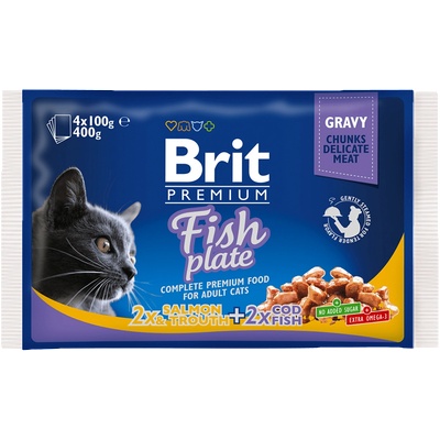 Brit Premium Cat Pouches Fish Plate - паучове за котка хапки със сьомга и риба треска в сос грейви 4 x 100гр