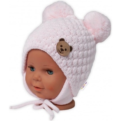 BABY NELLYS Zimná pletená čiapka Teddy Bear na zaväzovanie ružová