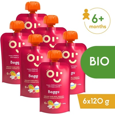 Beggs BIO Dětská rýže s jogurtem, banánem, mangem a malinami 6 x 120 g