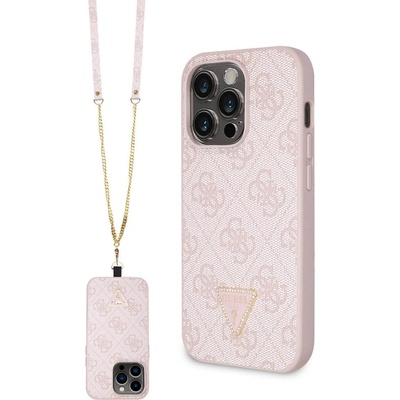 GUESS PU 4G Strass Triangle Metal Logo Case With Crossbody Strap - дизайнерски кожен кейс с връзка за носене през врата за iPhone 15 Pro Max (розов)