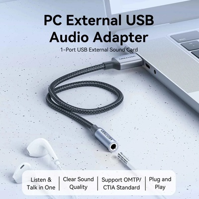 Vention външна звукова карта USB Sound card 1-Port 0.25M Gray - CVFHC (CVFHC)