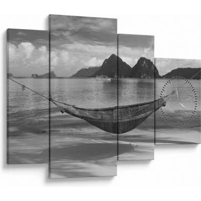 Obraz - Hojdacia sieť na pláži (s hodinami), štvordielne 110x75 cm s hodinami
