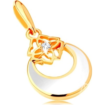 Šperky eshop Zlatý přívěsek 585 kruh s výřezem a bílou glazurou ornament zirkon GG123.01