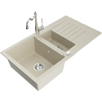 Mexen Matias гранитна мивка с 1, 5 камери с отцедник и кухненски смесител Carla, бежов - 6502-69-670700-00 (6502-69-670700-00)