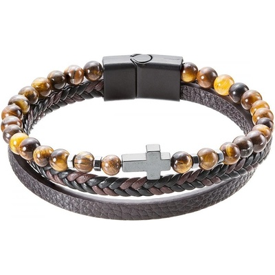 Evolution Group Náramek pánský koženka a korálky tygří oko s křížkem 43044.3 hnědý 21 cm