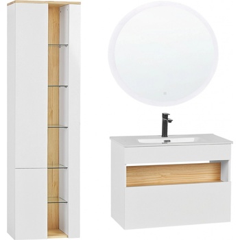 Beliani 3 dielna súprava kúpeľňového nábytku biela MDF s keramickým umývadlom, vysoká skrinka na stenu, okrúhle LED zrkadlo