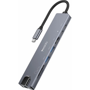 YESIDO Докинг станция 8в1 - Yesido HB27 - Type-C → 2× USB, 2× USB-C, HDMI, RJ45, SD/TF, PD100W, 4K@30Hz - Сива
