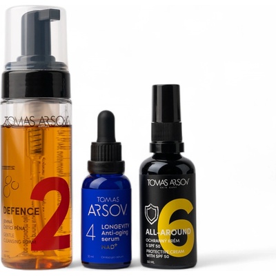 Tomas Arsov Longetivity Rýchle ranné trio Defence Jemná čistiaca pena 150 ml + Longetivity Omladzujúce sérum 30 m + All-Around Ochranný krém s SPF 50 50 ml set