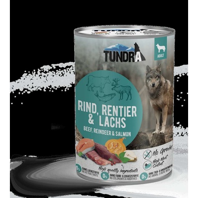 TUNDRA Dog - Пълноценна консервирана храна за кучета с телешко, северен елен и сьомга, 400 гр