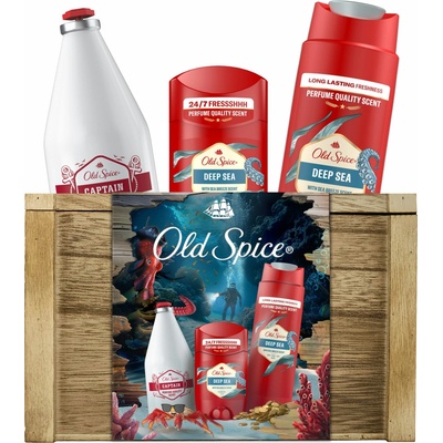Old Spice Deep Sea darčekový set deostick 50 ml + sprchový gél 3v1 250 ml + voda po holení 100 ml + drevená truhlička