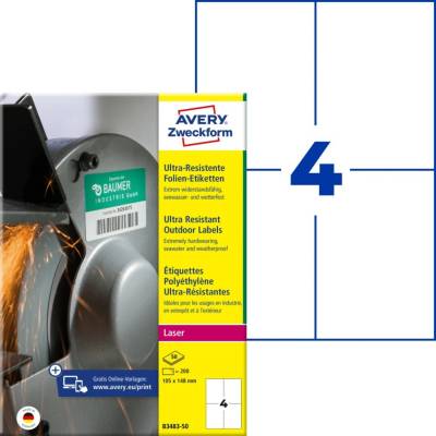 Avery Zweckform Etikety pro laser 50 listů A4 bílé 105 x 148 mm ultra odolné vůči počasí B3483-50