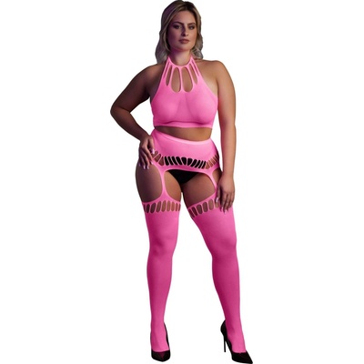 Ouch! Glow in the Dark Two Piece with Crop Top and Stockings Neon Pink