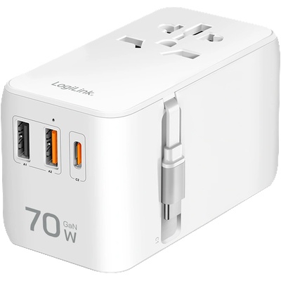 LogiLink Универсално захранване за пътуване, 70 W (PD), 4x връзки + кабел, огнеупорно, бяло