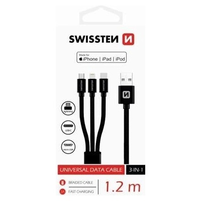 Swissten kabel Textile 3in1mFi 1,2m, černá