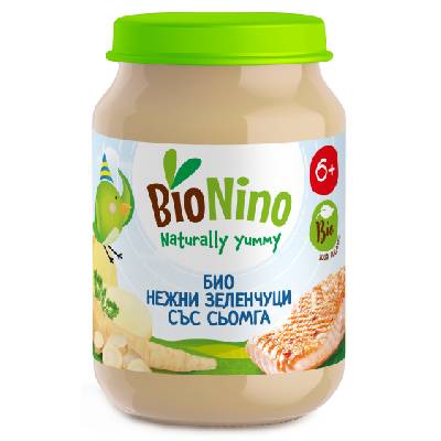 Био пюре BioNino - Зеленчуци със сьомга, 6 м+, 190 g (BN2416)