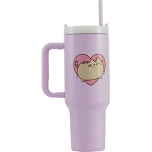 CurePink Nerezový cestovní Termo hrnek s rukojetí a víčkem s brčkem Pusheen Skok do srdce 180 ml