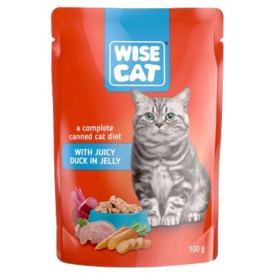 Wise Cat - Пауч за котки, вкусни парченца патешко месо в сос, 24 броя х 100 гр