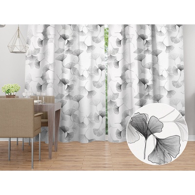 Biante Bavlněný závěs Sandra SA-512 Šedo-bílé ginkgo listy na bílém 140x160 cm