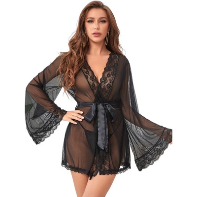 Sexy Elephant Sexy Long Sleeve Black Mesh Sleepwear With Belt – Zboží Dáma