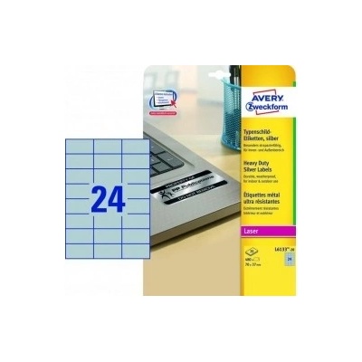 Etikety polyesterové 70x37mm Avery A4 strieborné 20 hárkov