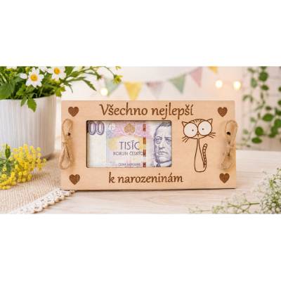 Dekorace z Řečice Přání k narozeninám dřevěné kočka na darování bankovky