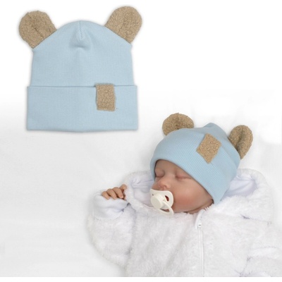 Baby Nellys Dvouvrstvá žebrovaná čepička s oušky boucle medvídek modrá