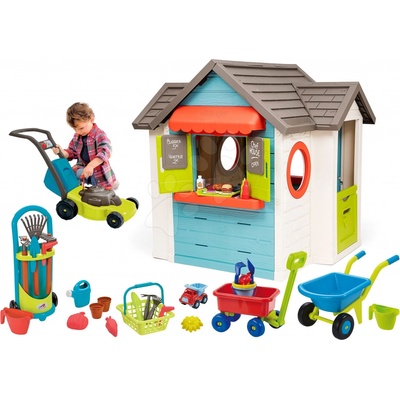 Smoby Set domček so záhradnou reštauráciou Chef House DeLuxe a kosačka s fúrikom a vozík s vedrom a záhradným náradím