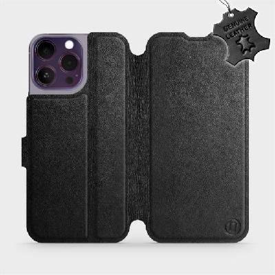 Kožené flip pouzdro Mobiwear - Apple iPhone 14 Pro Max - Černé (Kožené knížkové pouzdro, obal, kryt na mobil Apple iPhone 14 Pro Max, Černé, materiál Genuine Leather, ochrana 360°, stojánek, silikonov