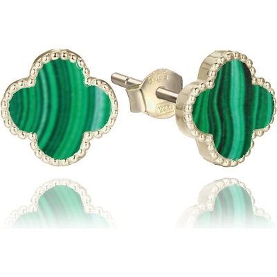 MINET 0972 Pozlacené stříbrné náušnice čtyřlístky s malachitem