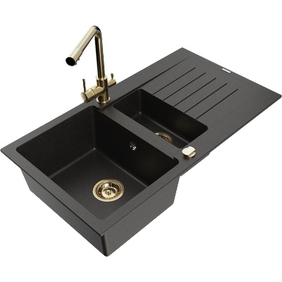 Mexen Matias гранитна мивка 1, 5-камерна с отцедник и кухненски смесител Duero, черен/златен металик - 6502-75-671600-50 (6502-75-671600-50)