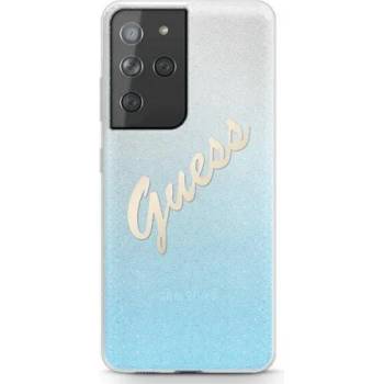 Поликарбонатен гръб Guess Glitter Gradient Script за Samsung Galaxy S21 Ultra, син, GUHCS21LPCUGLSBL