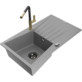 Mexen Cesar гранитна мивка с 1 отделение с дренаж и кухненски смесител Flora, сив - 6514-71-670401-57-B (6514-71-670401-57-B)