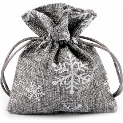 Vánoční dárkový pytlík vločky s glitry 10x13 cm imitace juty - šedá (10 ks)