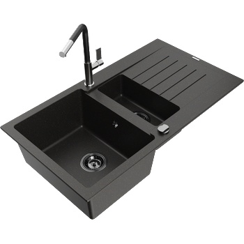 Mexen Matias гранитна мивка 1, 5-камерна с отцедник и кухненски смесител Flora, черен/златен - 6502-75-670401-07-B (6502-75-670401-07-B)