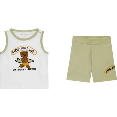 Guess Комплект за бебе момче с бял потник с бродирано мече и бледо зелени къси панталони Guess