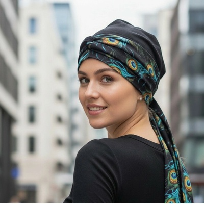Ebbie bavlněný turban-lux ČERNÝ PAVÍ PEŘÍ