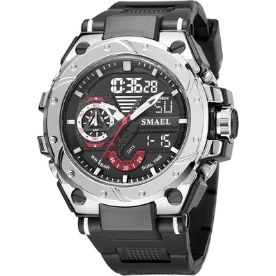 SMAEL Спортен мъжки часовник Smael Sport Shock, Двойно време, Хронограф, LED Подсветка, Черен / Сребрист (SMAEL-8060-BLACK-SILVER)