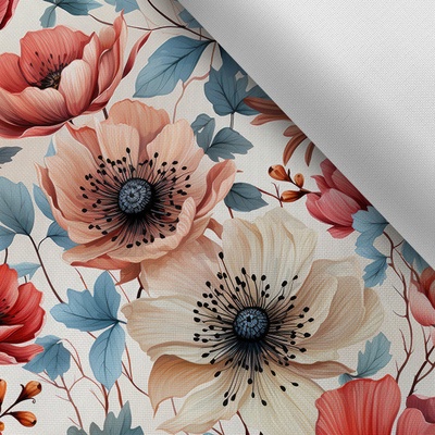 Takoy Látka s potiskem nepromokavý polyester TD/NS květiny s modrými listy