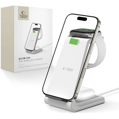 Tech-Protect Безжична станция за зареждане 3 в 1 за iPhone, AirPods и Apple Watch от Tech-Protect QI15W-A36 - Бял (5906302372157)